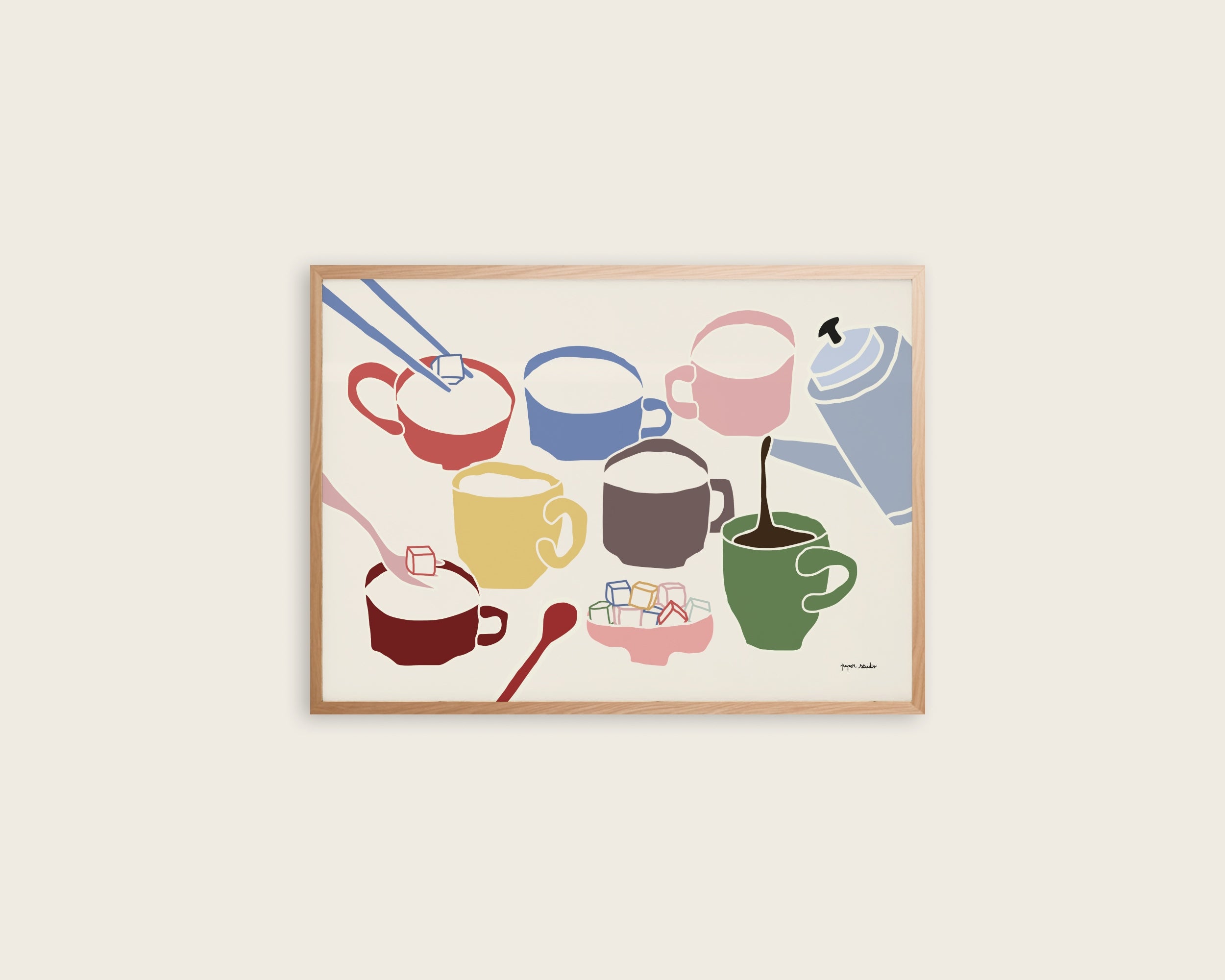 Colored Coffee Cups art print poster – vibrant illustrated coffee wall art