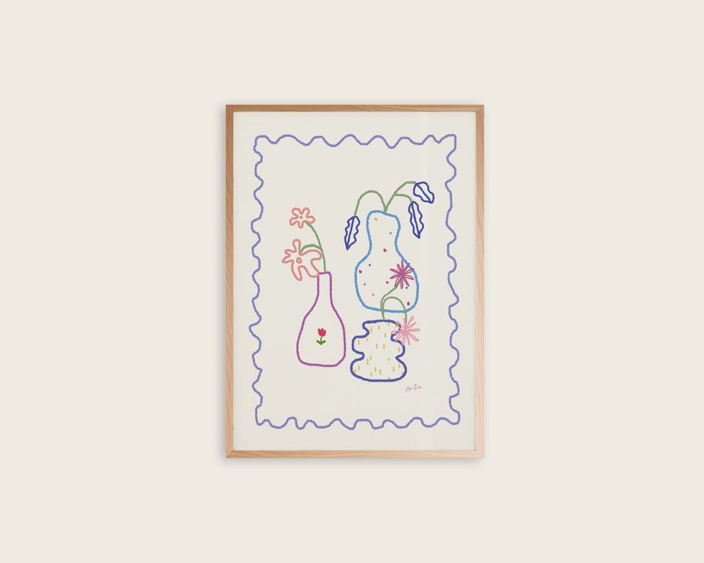 Colored Floral Vases art print poster – line art flower vase wall art