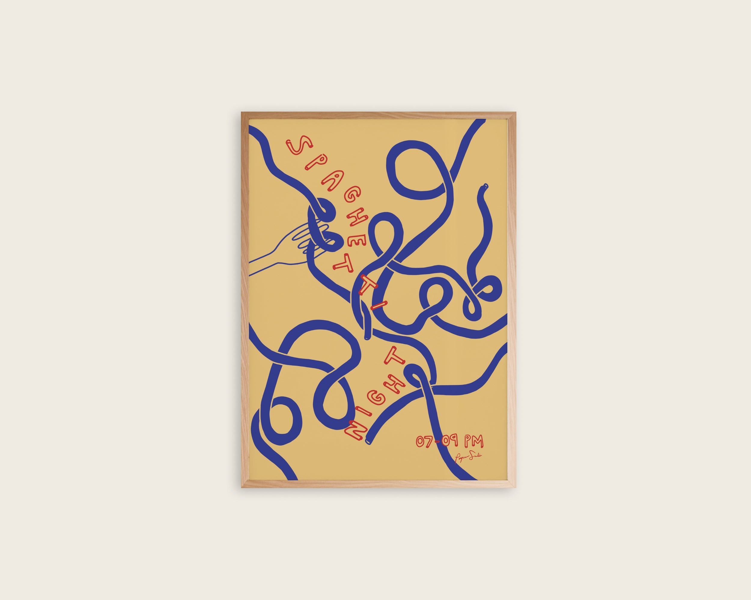 Spaghetti Night art print poster – graphic Italian food wall art yellow